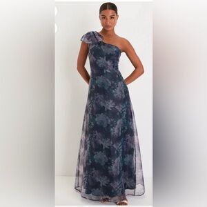 LULUS Blue Floral Organza One-Shoulder Maxi Dress